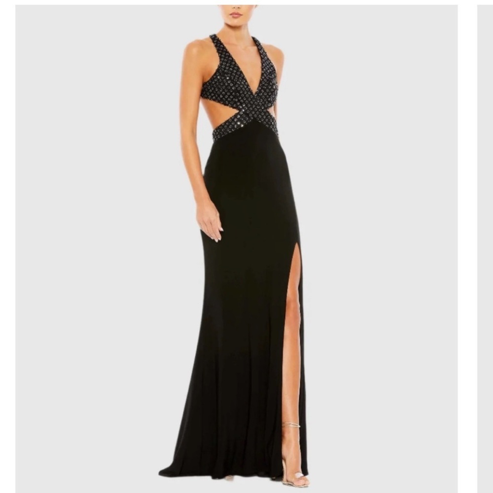 Mac Duggal Black Crystal-Embellished Backless Dress
